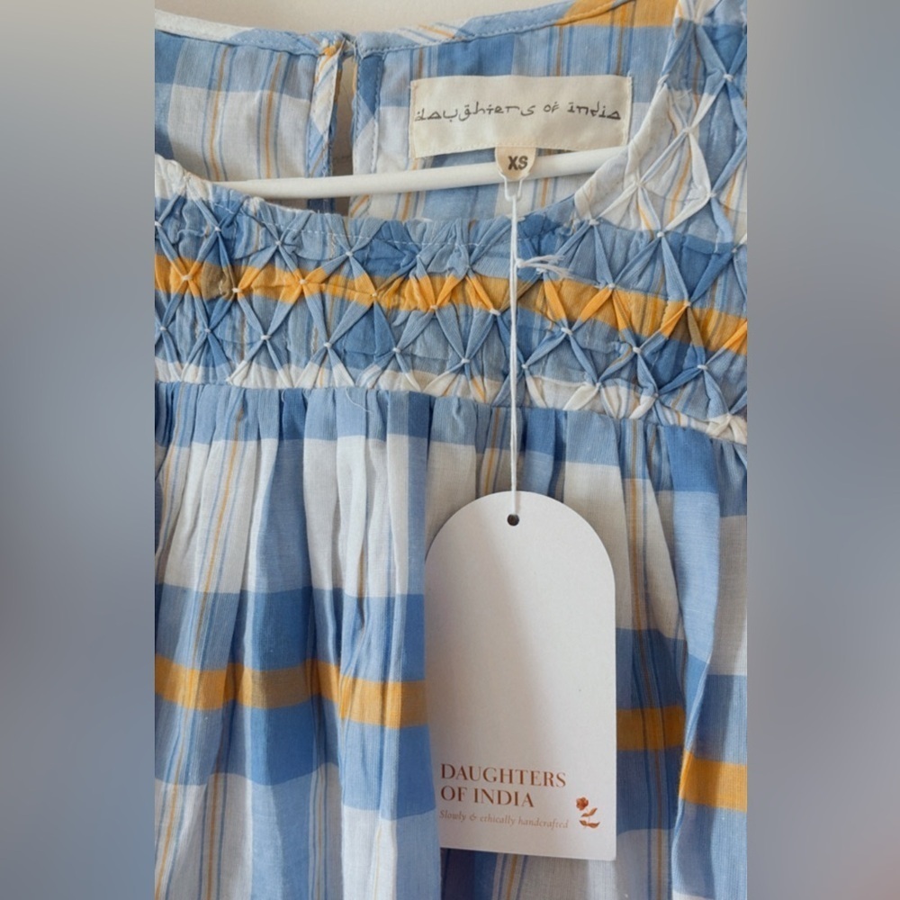 NWT Daughters of India Freya Blue Plaid Mini Dress Size XS Puff Tie Sleeve - Picture 4 of 6
